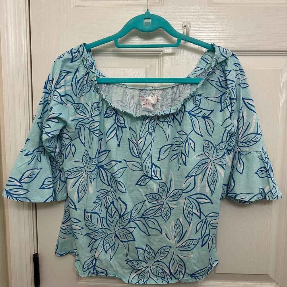 100% cotton Stella Parker Floral Blue off the shoulder top size Large